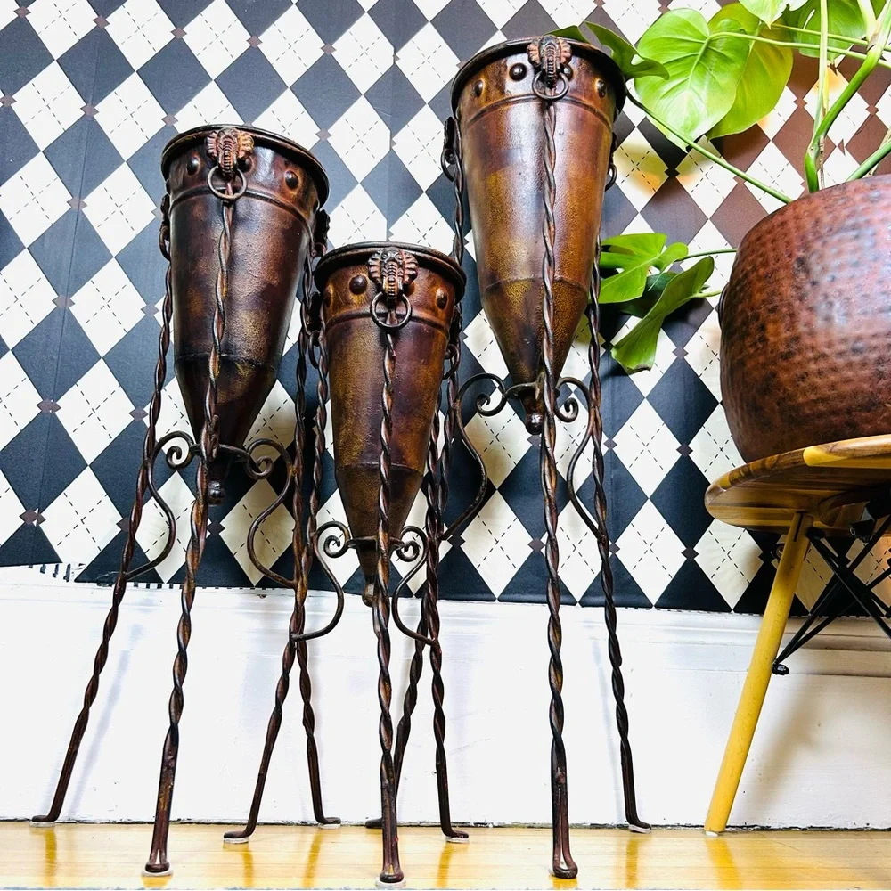 Primitive-Modern Sculptural Floor Vessels Totemic Metal Forms on Forged Stands‎ - Picture 11 of 17